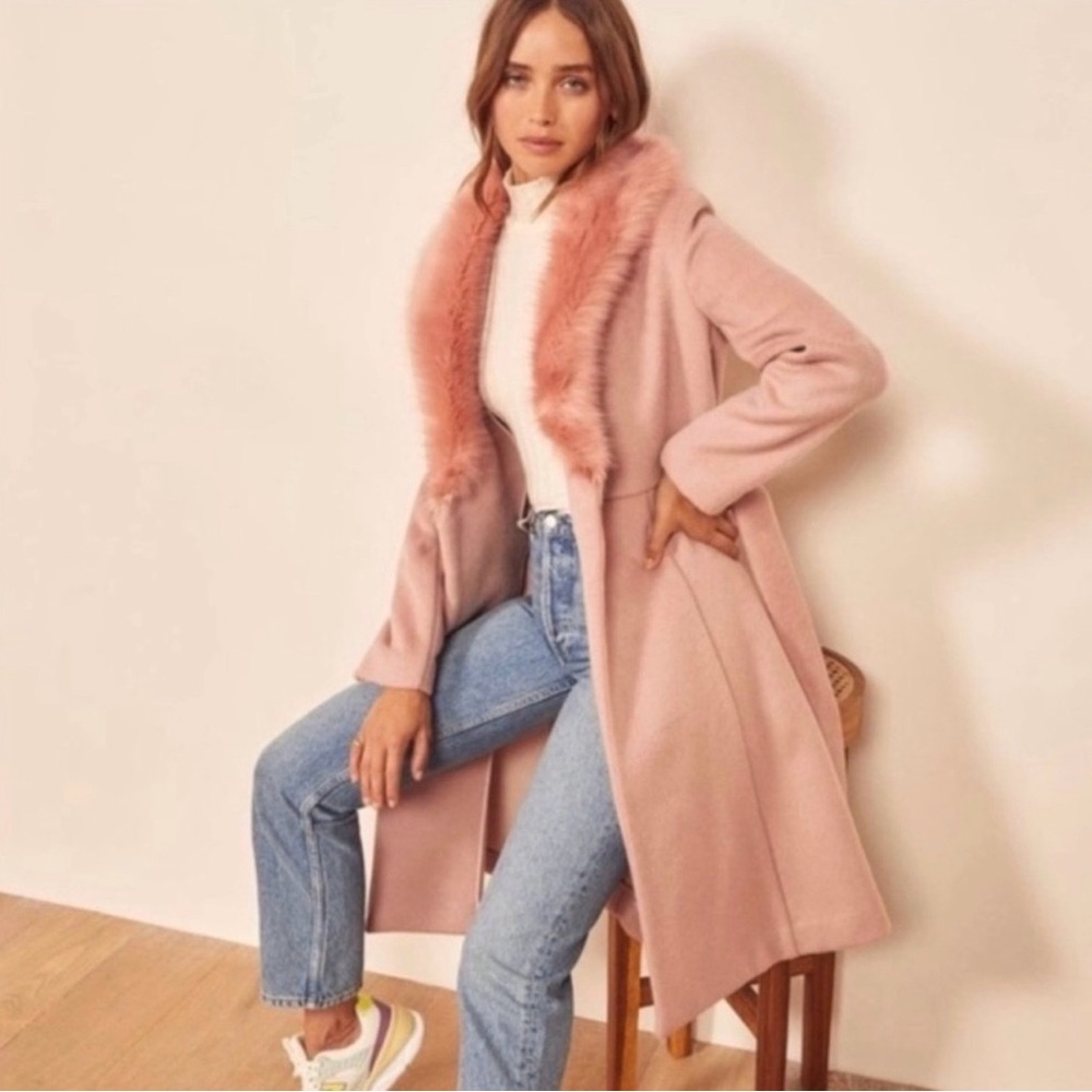 Reformation Pink Trench Coat with Faux Fur Collar